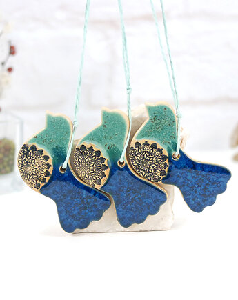 Turkusowe ptaszki w locie - ceramiczne ozdoby wiszące, 10FingersArt