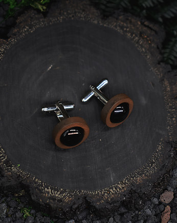 Drewniane spinki do mankietów z kamieniem / czarny agat, Spirit Of Copper