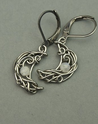Małe kolczyki księżyce kamień księżycowy wire wrapping, Agata Rozanska