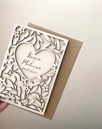 Kartka ślubna/ kartka na ślub, dla pary młodej AŻUROWA, DREWNIANA KARTKA