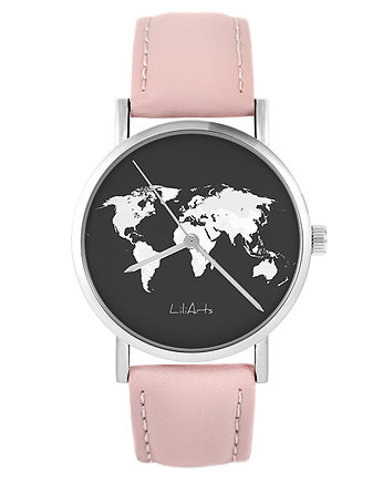 Zegarek - Mapa świata - skóra, pudrowy róż, OSOBY - Prezent dla teścia