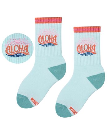 Kolorowe skarpetki dziecięce SURF ALOHA  długie, bawełniane, turkusowe, ZOOKSY
