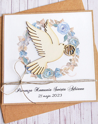 Kartka, PERSONALIZACJA : I Komunia Święta : gołąb IHS niebieska