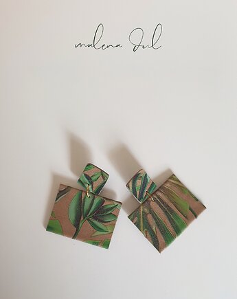 Kolczyki RAW, duże zielone beżowe motyw botaniczny skóra naturalna, Malena Dul