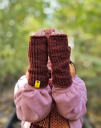 Wełniane mitenki z wełny peruwiańskiej WOOLY rudy brąz, sploteka