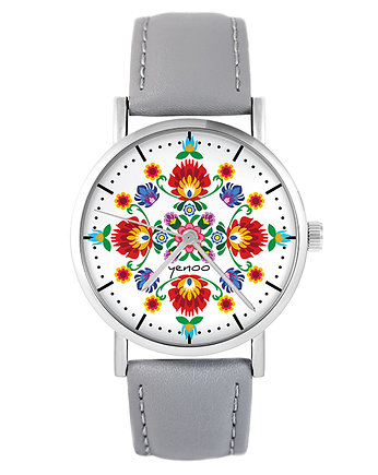 Zegarek - Folkowa mandala - skóra, szary, yenoo