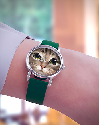 Zegarek  mały - Kot tygrysek - silikonowy, zielony, yenoo