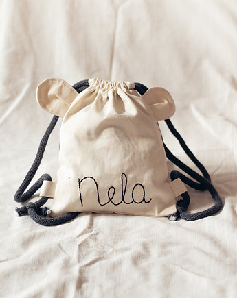 Bawełniany mini plecak miś z imieniem Nela, raspberi