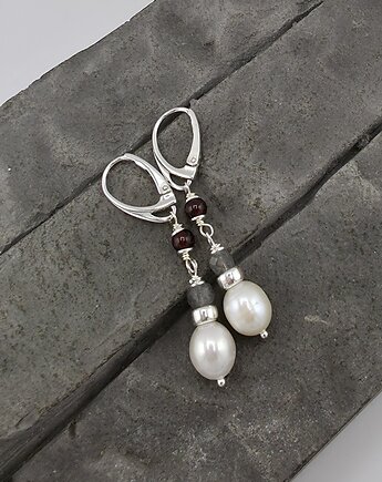 Kolczyki srebrne z perłami, labradorytem, granatem, RayOfArt