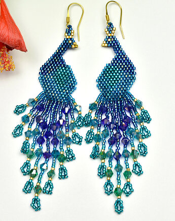 Pawie niebieskie, kolczyki z frędzlami, beading, Sol
