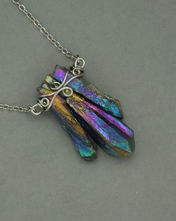 Naszyjnik talizman surowy kwarc tytanowy kolorowy wire wrapping, Agata Rozanska
