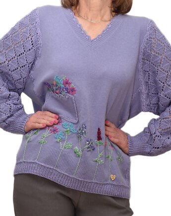 Fioletowy sweter z kaszmiru z haftami i ażurowymi rękawami XL/XXL, Z drugiej nitki