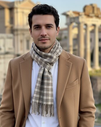 Szalik Męski Szary Brązowy Beżowy Kratka Wełna Kaszmir, AKADEMIA STYLU