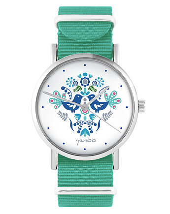 Zegarek - Folkowe ptaszki, niebieskie - turkusowy, nylonowy