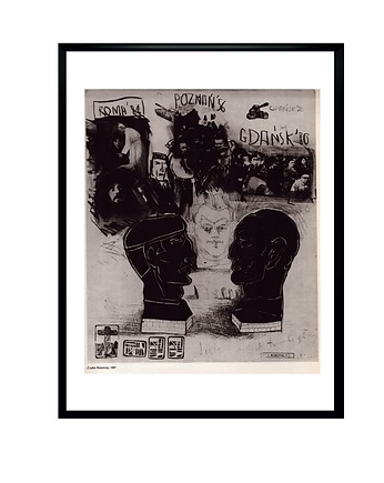 Oprawiony rysunek aut. E. Dwurnik z cyklu rysunków i kolaży "Robotnicy", 1981r, RiskyWalls