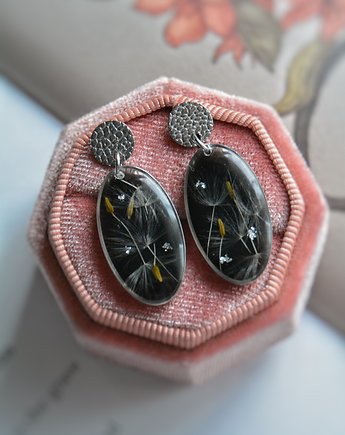 Kwiaty w żywicy biżuteria kolczyki wiszące mniszek lekarski, Jaskółcze ziele handmade 
