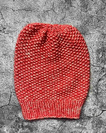 Wiosenna czapka  Marmurka bawełna z merynosem czerwona, Made by Jaga