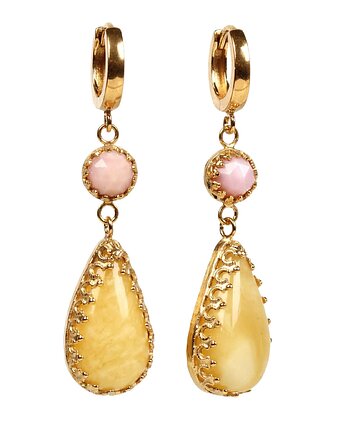 Złote kolczyki wiszące Zinnia z bursztynem i opalem różowym, Blooming Stones