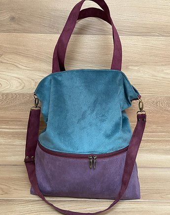 Duża torba z zapinaną kieszenią -  wrzos,butelkowa zieleń,oberżyna, PRACOWNIA 166