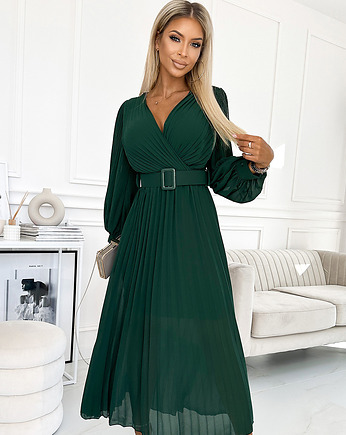 414-1 KLARA plisowana sukienka z paskiem i dekoltem - ZIELEŃ BUTELKOWA, NUMOCO