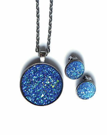 Komplet - Druzy niebieskie - naszyjnik i klipsy, yenoo