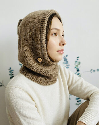 Balaclava kominiarka kaptur czapka 100% alpaka ręczna robota nugat, splotomaniaa