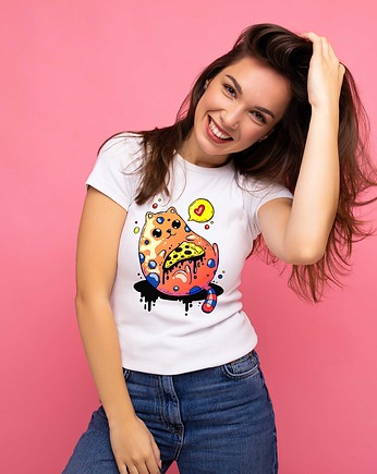 Koszulka damska biała Cat like a pizza, ART ORGANIC