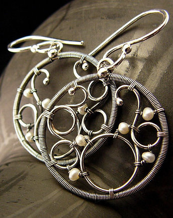 Srebrne Kolczyki z Perłami - Koła Wire Wrapping Perły Srebro, Kuźnia Nehesi