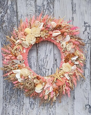 Wianek pink summer wreath, letni wieniec z muszlami, #L1, rozmiar 45 cm, Homeliness Art Decor
