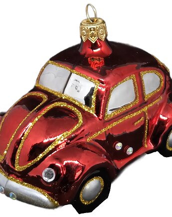 Ręcznie malowana bombka szklana czerwony garbus ze złotymi akcentami, STARGLASS