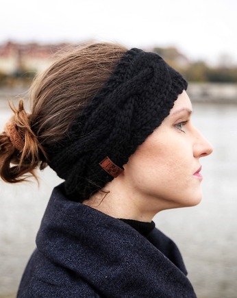 Czarna wełniana opaska warkoczowa, Holy Alpaca Knit