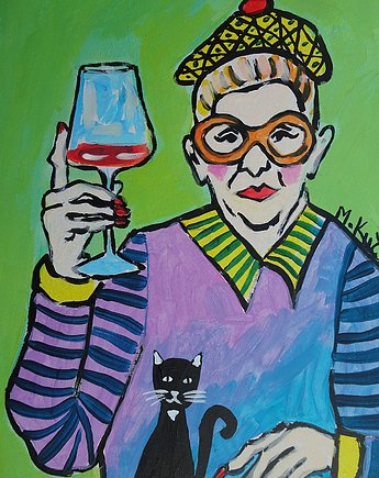 Kolorowy obraz  do salonu babcia z lampką wina, alice oil on canvas