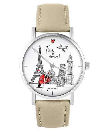 Zegarek - Time to travel - skórzany, beżowy, OSOBY - Prezent dla teścia