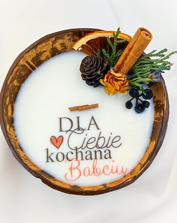 Świeca w kokosie "Dla Ciebie Kochana Babciu"/ Prezent na Dzień Babci, Swiecznikowo