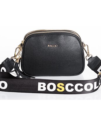 Torebka skórzana z ozdobnym paskiem - czarna  (7128), BOSCCOLO