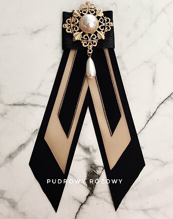 Brosza  / Krawatka czarno złota z perłą  NEW, Pudrowy Różowy