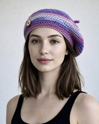 Wiosenny beret damski z antenką ręcznie robiony bawełna one size, splotomaniaa
