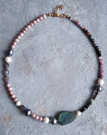 Naszyjnik z perłami, Naszyjnik z labradorytem, artystyczny, asymetryczny, Pani Endorfina