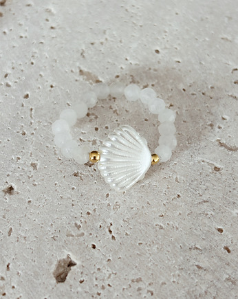 Pierścionek elastyczny kamień księżycowy muszla, Chmolowska Jewellery
