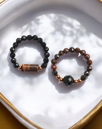 Zestaw pierścionków : turmalin, tygrysie oko, kaktusia