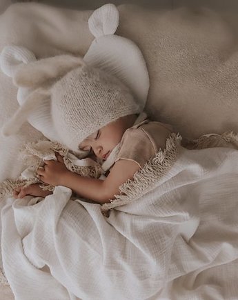 Zestaw muślinowy poduszka miś + otulacz ecru z frędzlami BW PZ, Bajkowe Wnetrza