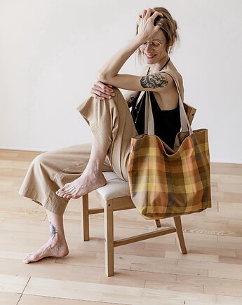 Bawełniana torba na ramię w piękną kratę upcycling, Patchoula