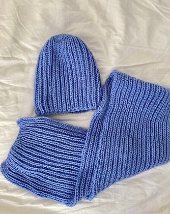 Komplet czapka i szal handmade z wełną, splot