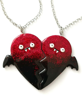 Halloweenowy czarny czerwony naszyjnik złamane serce nietoperz, OMIFIMO