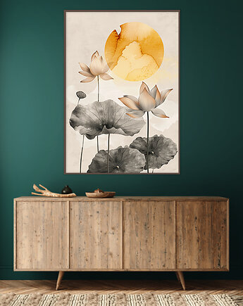 Lotus - Plakat, druk - Chiński Orient, Harmonia Zen, Roślinny #15, Black Sapphire Art