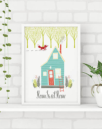 Plakat z domkiem i lisem, home sweet home, Love Life and Forest