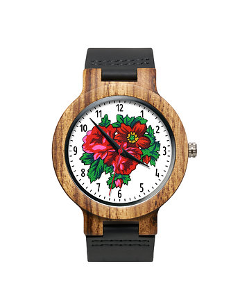 Drewniany zegarek na czarnym pasku RÓŻA, LudoweLove