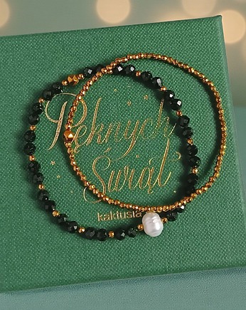 Świąteczny zestaw bransoletek : ciemna zieleń, złoto, perła : szmaragd nilu, kaktusia