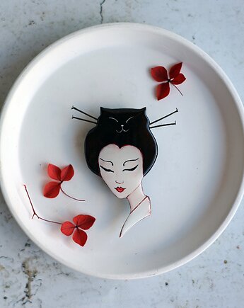 Kolekcjonerska malowana broszka Gejsza, Black Cat