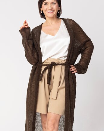 Długi kardigan wełniany z paskiem - Czekoladowy, YOU by Tokarska